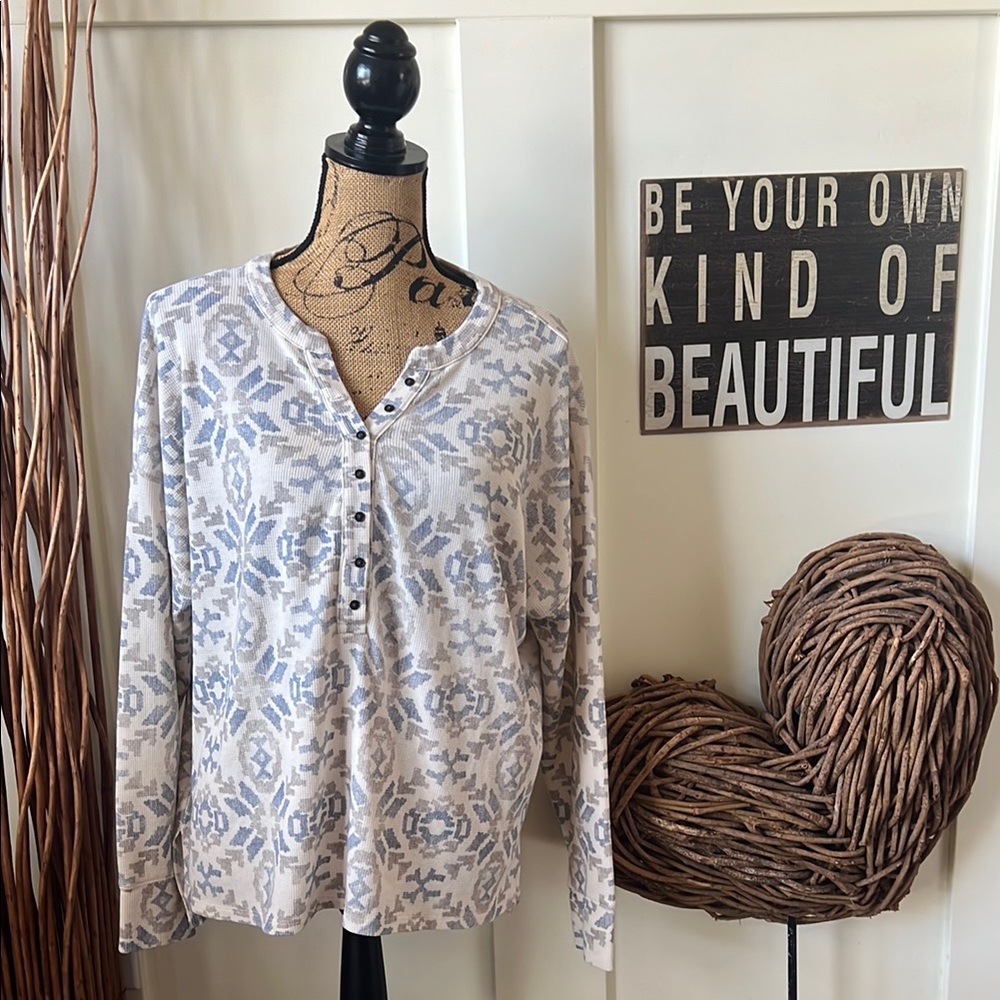 Lucky Brand Blue and Cream Patterned Women's Henley Top